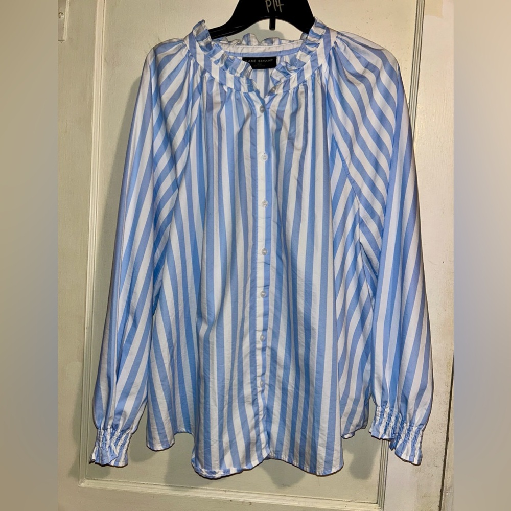 🔵Lane Bryant Light Blue and White Striped Button Up Ruffled Blouse Size 18/20